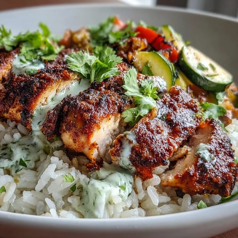 Freshly prepared Blackened Chicken Bowl topped with cilantro and lime wedges, ready for a satisfying meal.