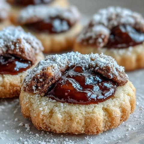 Golden Torticas de Guayaba cookies are arranged on a rustic wooden board, featuring a buttery vanilla base and a glistening dollop of tangy guava filling. 
