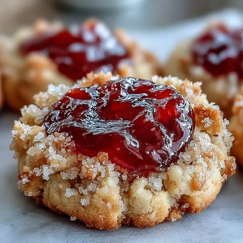 Freshly baked Guava Jam Thumbprint Cookies are arranged on a rustic wooden board, showcasing their crumbly texture and sweet-tart filling.