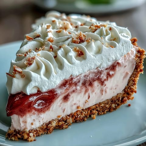 Freshly sliced Guava Cloud Pie reveals a creamy pink filling and whipped cream on a macadamia nut crust.