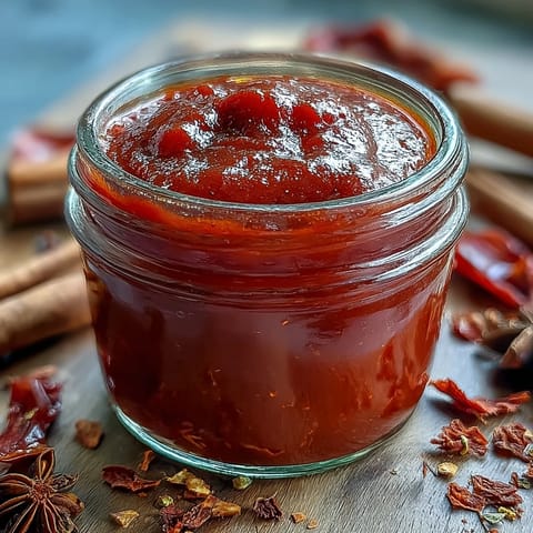 Homemade Guava BBQ Sauce From Scratch simmering in a saucepan with a glossy, deep red-orange finish and visible spices.