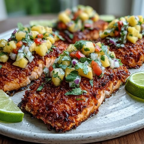 Juicy salmon fillets feature a crispy coconut crust, topped with a colorful pineapple salsa.
