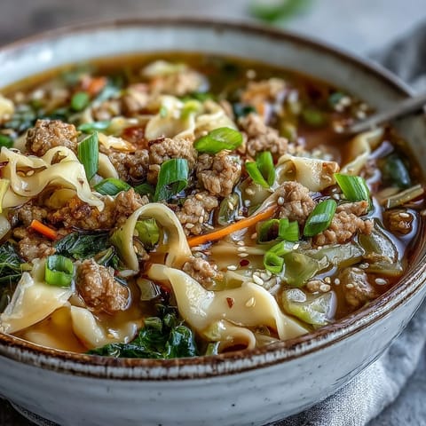 Close-up of Cozy One-Pot Egg Roll Soup with Green Onions and Ginger featuring pork and shredded cabbage in a rich savory broth.