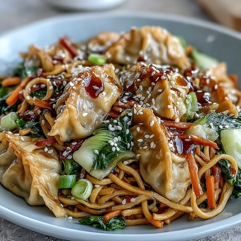 Hearty Potsticker Noodle Bowls served steaming hot in a ceramic dish, garnished with fresh green onions and sesame seeds.