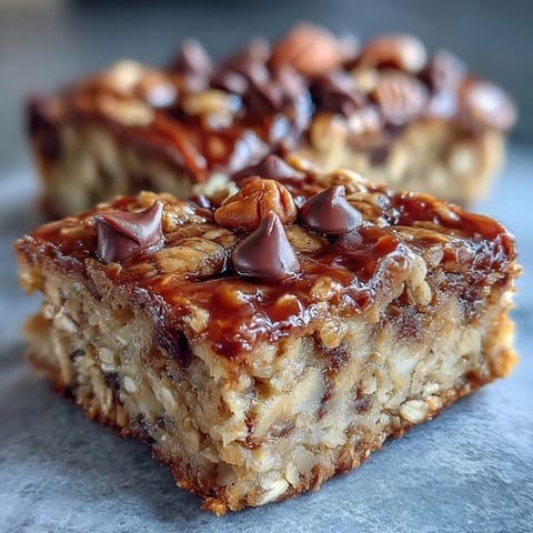 Freshly baked Baked Oatmeal Bars with melted chocolate chips, sitting on a wire rack for cooling.