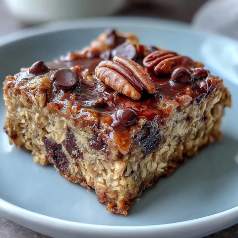 Golden brown Baked Oatmeal Bars sliced into squares, revealing a soft, chewy texture and banana flecks.