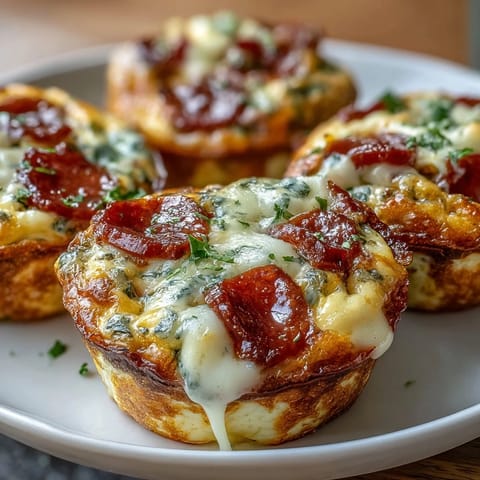 A close-up of High-Protein Pepperoni Breakfast Cups on a white plate, with vibrant diced red bell peppers and a side of warm marinara for dipping.