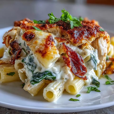 A close-up of Greek Yogurt Chicken Alfredo Bake served in a dish, featuring tender pasta and shredded chicken coated in tangy white sauce.
