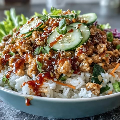 Golden ground turkey for Spicy Bang Bang Turkey Rice Bowls sizzles in a skillet alongside crisp bell peppers and shredded carrots.