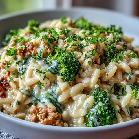 A finished pan of Creamy Garlic Turkey & Broccoli Orzo with tender broccoli florets and rich sauce.