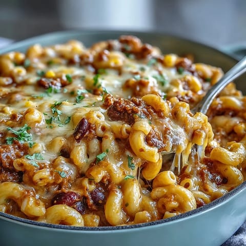 Golden, gooey melted cheese topping on One-Pot Tex-Mex Chili Mac with Corn, served hot with fresh cilantro and sliced jalapeños.