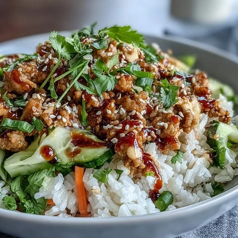 Colorful bang bang turkey rice bowls garnished with sesame seeds and green onions, served with lime wedges for a fresh squeeze.