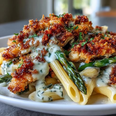 Plated Crispy Parmesan Asparagus Chicken Pasta showcases creamy sauce, golden roasted asparagus, and juicy chicken strips on a white ceramic dish.