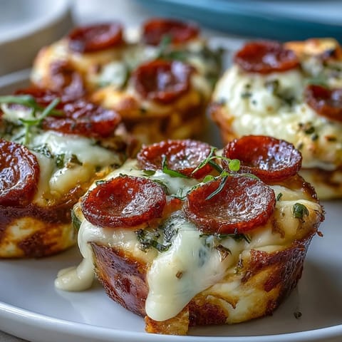 Golden-brown High-Protein Pepperoni Breakfast Cups with melted mozzarella and diced red bell peppers, fresh from the oven.