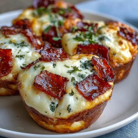 A close-up view of High-Protein Pepperoni Breakfast Cups showing pepperoni slices and herbs inside muffin tins.