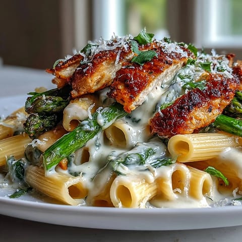 Lemon garlic cream sauce coats tender penne pasta with juicy chicken and crisp, oven roasted Parmesan asparagus spears on a white plate.