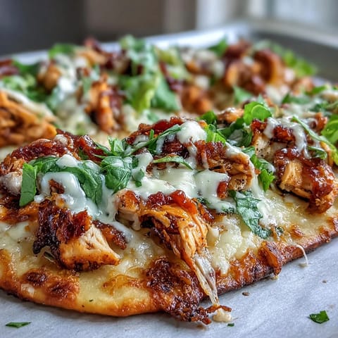 Cheesy garlic naan topped with Caesar-dressed chicken, melted mozzarella, and fresh romaine for a flavorful fusion meal.  