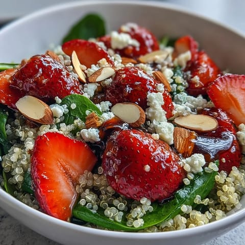 Fresh strawberry spinach quinoa salad with tangy balsamic vinaigrette, topped with feta and toasted almonds for a perfect summer dish.