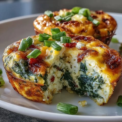 Savory egg muffins packed with fresh spinach, juicy tomatoes, and cottage cheese, offering a nutritious and portable breakfast option.