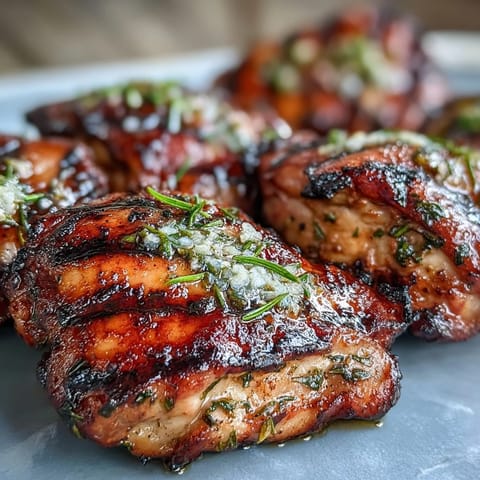 Grilled lemon herb chicken thighs paired with a fresh Greek salad featuring ripe tomatoes, cucumber, red onion, and feta cheese.