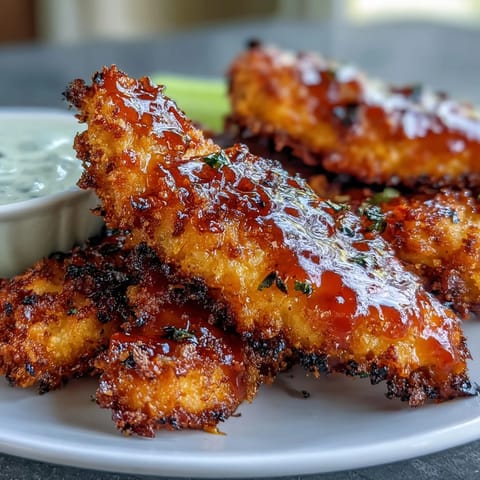 Crispy keto buffalo ranch chicken tenders served with celery sticks and creamy homemade ranch dip for a low-carb meal.  