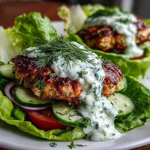 Healthy turkey burgers nestled in crisp lettuce leaves with juicy tomato and homemade avocado ranch dressing.  