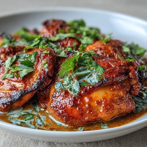 Spicy tangy baked chicken curry with juicy yogurt-marinated thighs in a vibrant coconut curry sauce, garnished with fresh cilantro.