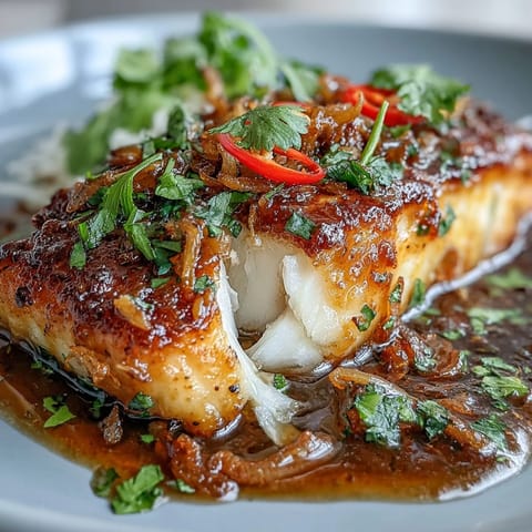 Golden pan-seared white fish topped with a tangy chilli-lime sauce, fresh cilantro, and crunchy fried shallots.