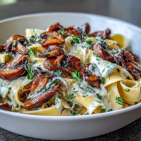 Creamy one-pot mushroom pasta with thyme, featuring tender pappardelle in a rich garlic-Parmesan cream sauce with earthy sautéed mushrooms.