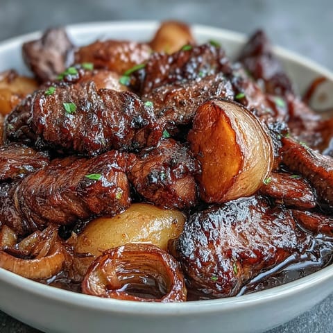 A steaming bowl of Japanese Nikujaga with tender beef, potatoes, and carrots in a glossy soy-mirin sauce.  