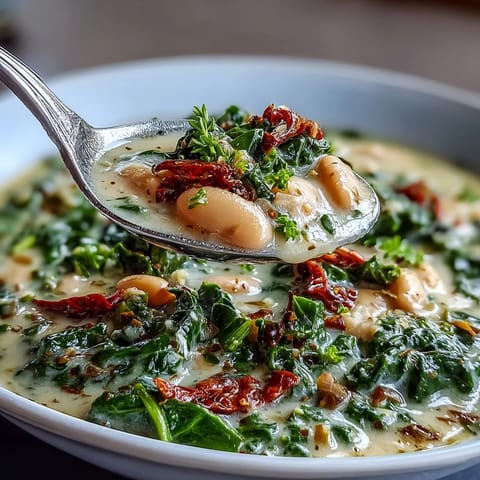 Creamy Tuscan White Bean & Kale Soup in a rustic bowl, garnished with fresh herbs and a drizzle of olive oil.