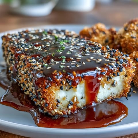 Sesame crusted tofu steaks glazed with glossy teriyaki sauce and garnished with fresh scallions for a vibrant vegan main dish.