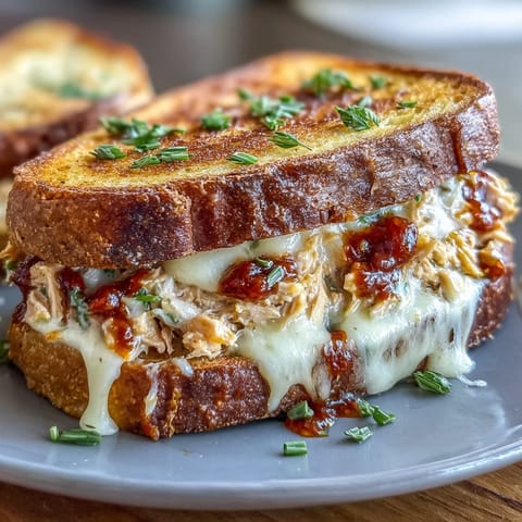 Spicy tuna melt sandwich with gooey melted cheese, tangy sourdough, and vibrant Calabrian chili oil drizzle.