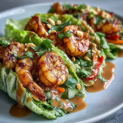 Crispy butter lettuce wraps filled with juicy shrimp and drizzled with rich peanut sauce for a refreshing, healthy meal.  
