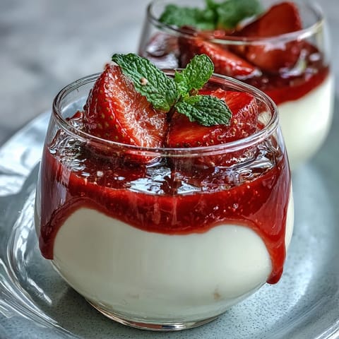 Silky vanilla panna cotta with vibrant strawberry sauce, perfect for a romantic Valentine's Day dessert.