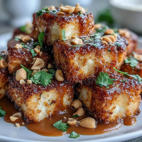 Crispy air fryer tofu bites drizzled with creamy peanut sauce, garnished with chopped peanuts and fresh cilantro.  