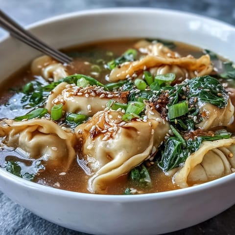 A steaming bowl of Asian dumpling soup with bok choy and ginger, showcasing tender dumplings and vibrant greens in a savory broth.