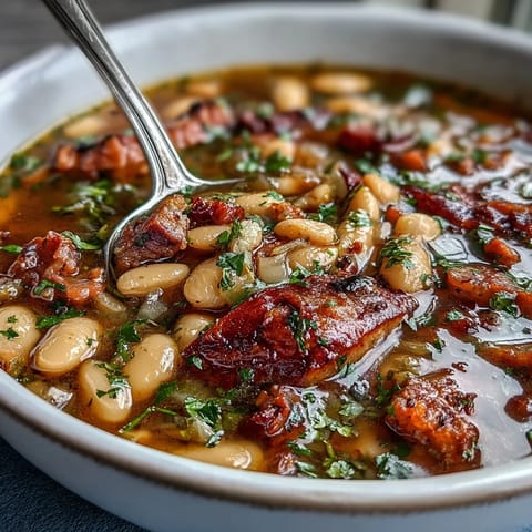 Hearty ham and cannellini bean stew with tender vegetables in a savory broth, perfect for warming winter meals.