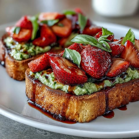 1. Galentine's brunch avocado toast with strawberry balsamic features creamy avocado, fresh strawberries, and a tangy-sweet balsamic drizzle on golden sourdough bread.  