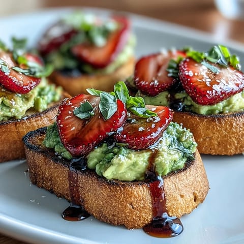 2. A festive Galentine's brunch dish: strawberry balsamic avocado toast with juicy berries, fragrant basil, and rich balsamic glaze atop toasted artisan bread.  