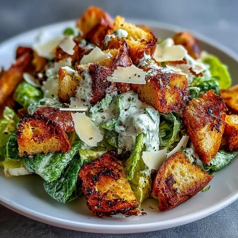 A vibrant Caesar salad with crisp romaine, creamy dressing, and golden sourdough croutons adding irresistible crunch.