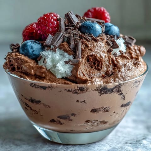 Fluffy Yogurt Protein Mousse with Cocoa and Sea Salt topped with dark chocolate shavings and fresh berries.  