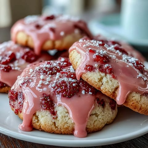 Soft strawberry sugar cookies with pink icing, perfect for spring celebrations and sweet treats.