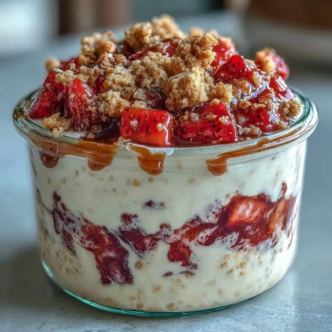 Strawberry cheesecake overnight oats with graham crumble in a glass jar, layered with creamy oats, fresh strawberries, and crunchy topping.