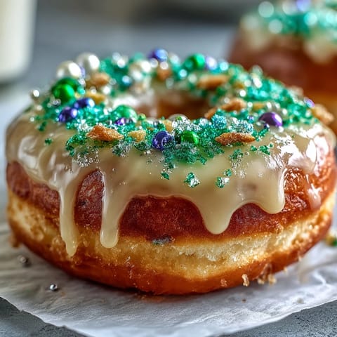 Vibrant King Cake donuts topped with vanilla glaze and festive Mardi Gras sprinkles, capturing the spirit of New Orleans celebrations.  