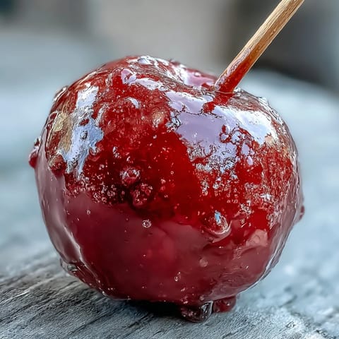 A glossy red candy shell envelops crisp Granny Smith apples in this festive dessert treat.