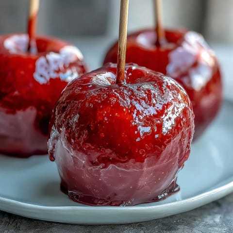 Shiny, crimson-coated apples on sticks, perfect for Halloween parties and autumn celebrations.