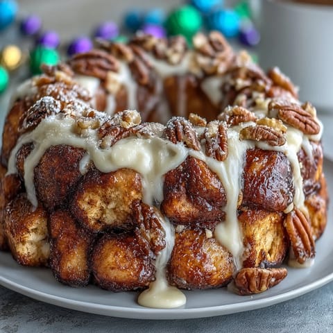 Warm cinnamon-sugar biscuit dough balls baked into a golden Bundt, topped with rich cream cheese icing for a Mardi Gras treat.  