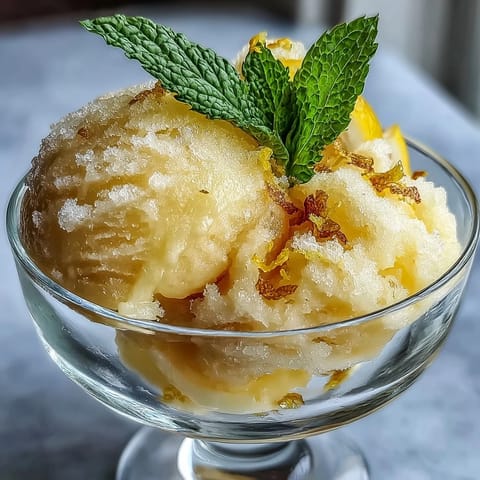 A vibrant scoop of homemade limoncello sorbet garnished with fresh mint leaves and lemon zest.  