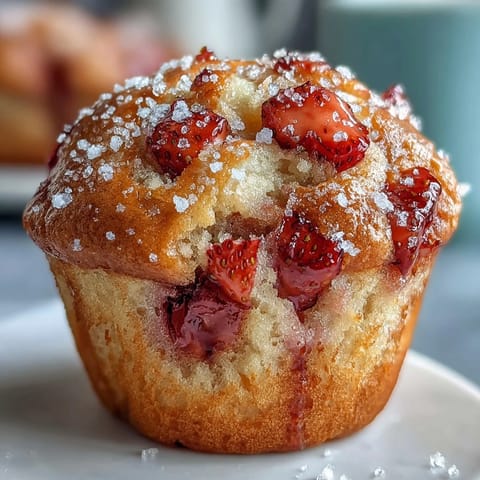 Golden strawberry yogurt muffins with juicy berry pockets and a tender crumb, baked until lightly golden for a perfect breakfast treat.